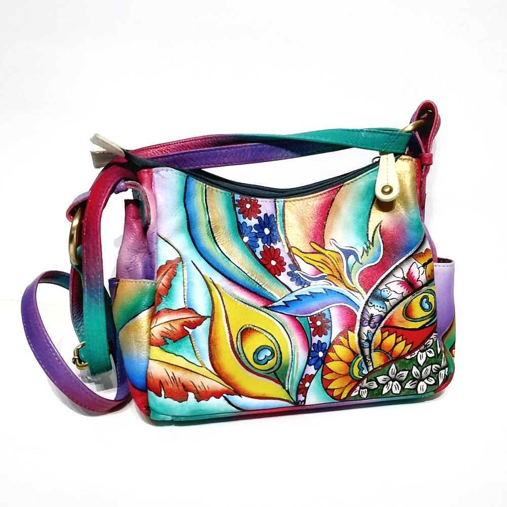 Hand Painted Vintage Leather Crossbody Rainbow Bag